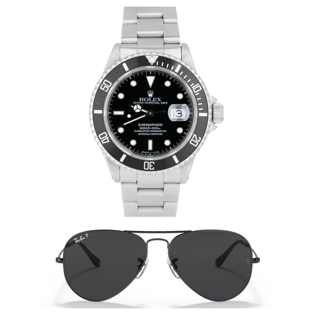 RELOJ ROLEX PLATA NEGRO + GAFAS RAYBAN